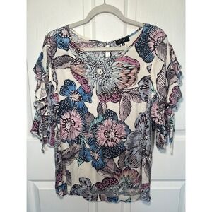 NWT 1. STATE Blue Crush Floral Print Open‎ Flutter Sleeve Top Size Small